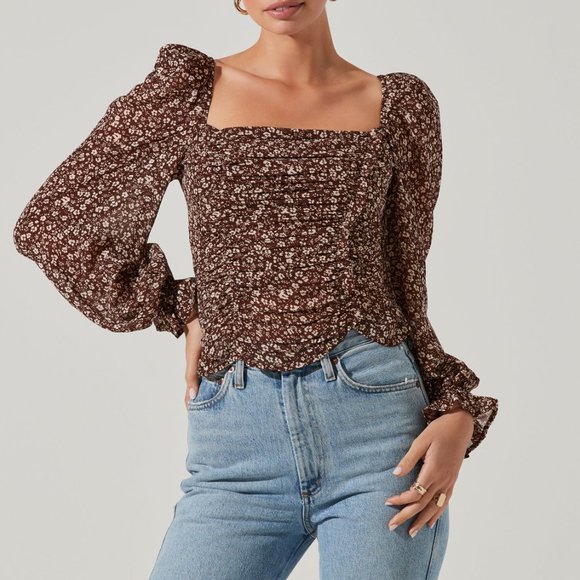 Astr Tops - ASTR the Label Tonina Floral Puff Sleeve Top in Brown Blue Ditsy Floral Print